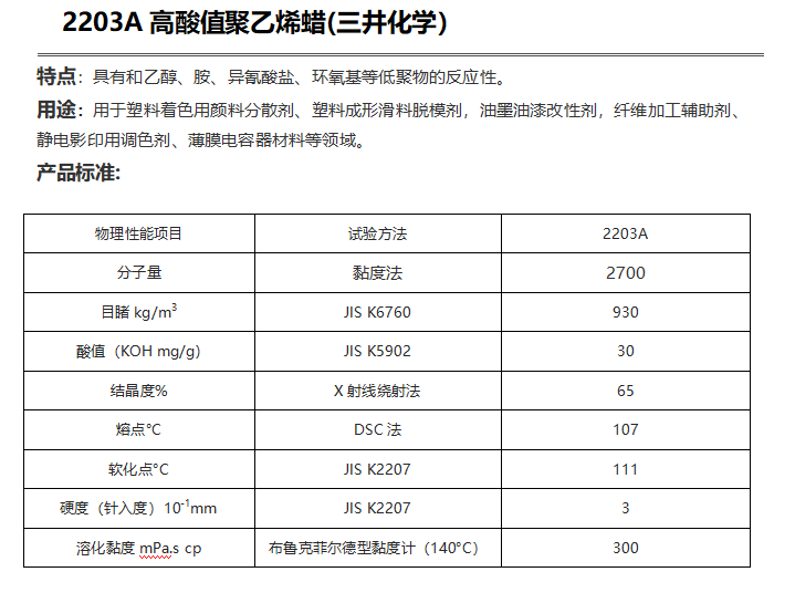 三井HI-WAX 2203A高酸值聚乙烯蜡（ PE蜡2203A）