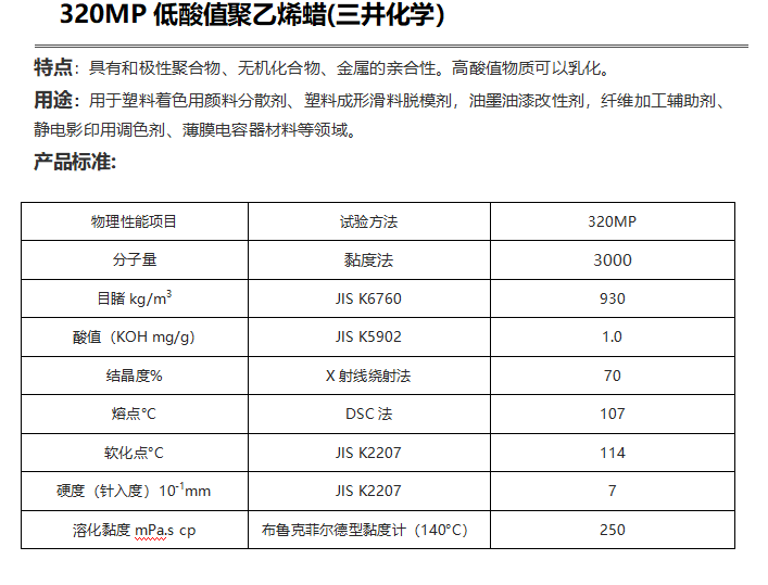 三井HI-WAX 320MP低酸值聚乙烯蜡（ PE蜡320MP ）
