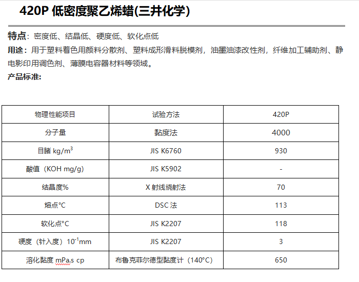 三井HI-WAX 420P低密度聚乙烯蜡（ PE蜡420P ）